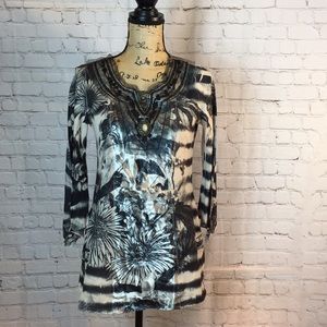 B.L.E.U. Black Gray Floral Stripe Tunic Top Embellished Neckline Blouse Medium